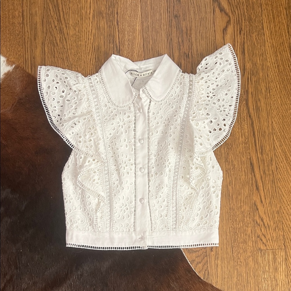 Alice + Olivia White Eyelet Ruffle Sleeve Top